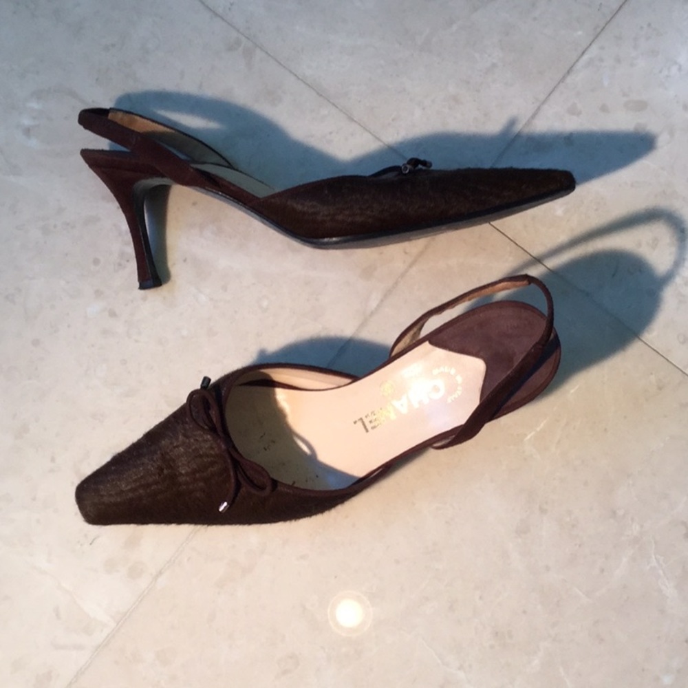 Chanel brown pony like skin sling backs Size 7.5